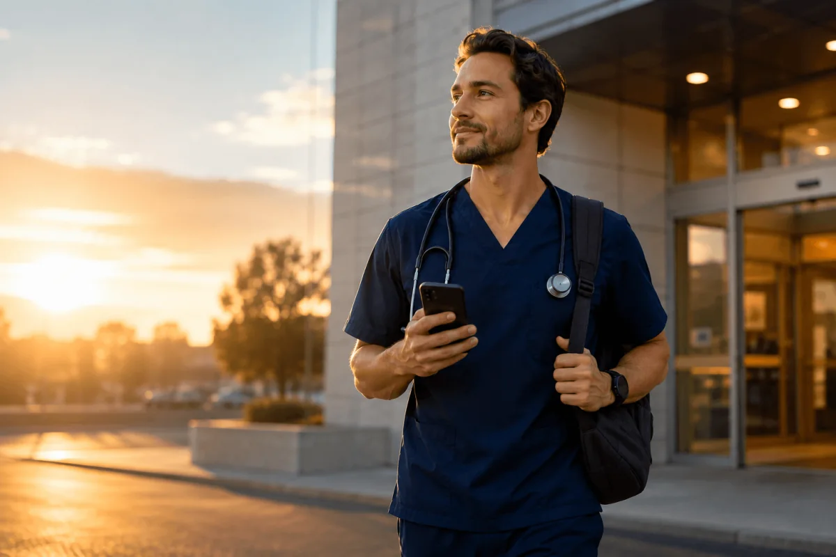 Doctor leaving the hospital with his cell phone